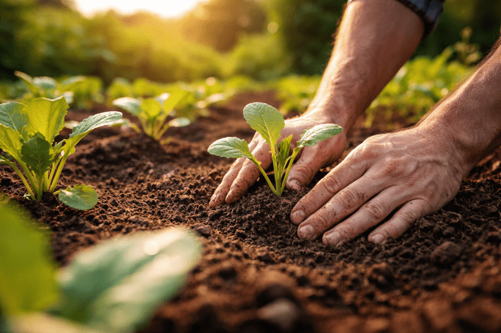 Hands planting a young vegetable seedling in a sunny garden